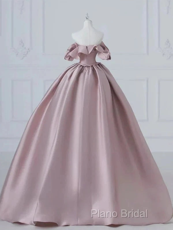 A-Line Pink Satin Long Off Shoulder Formal Prom Dresses Quinceanera Dresses Formal Dresses
