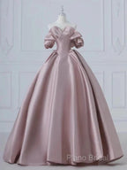 A-Line Pink Satin Long Off Shoulder Formal Prom Dresses Quinceanera Dresses Formal Dresses