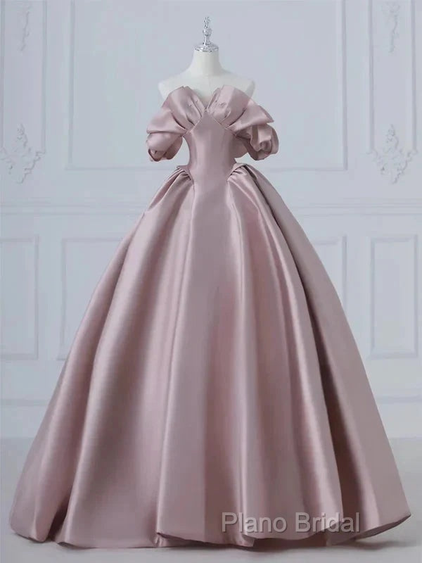 A-Line Pink Satin Long Off Shoulder Formal Prom Dresses Quinceanera Dresses Formal Dresses