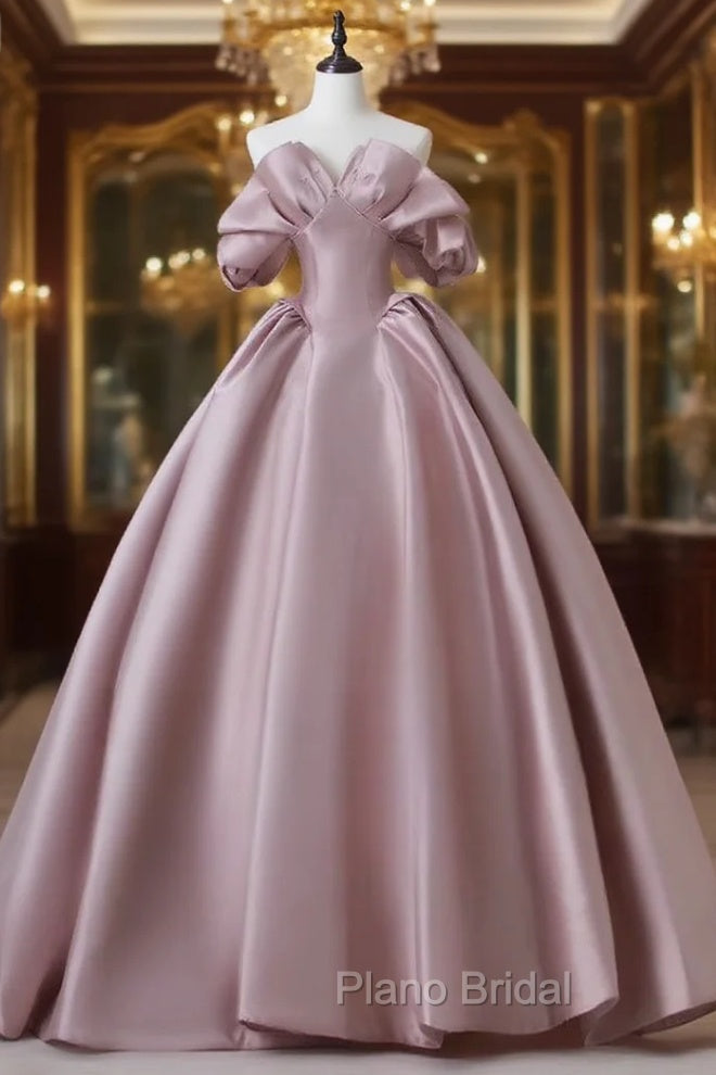 A-Line Pink Satin Long Formal Prom Dresses, Pink Long Evening Dresses Main image