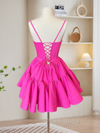 A-Line Pink Satin Short Formal Prom Dresses, Backless Cute Pink Homecoming Dresses