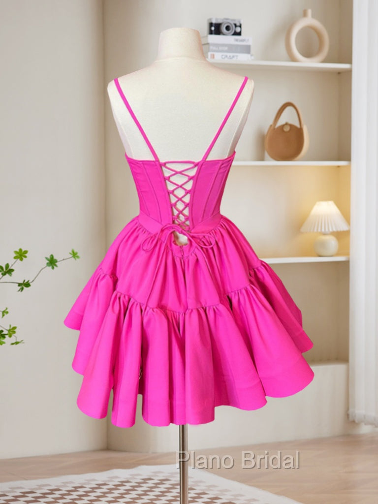 A-Line Pink Satin Short Formal Prom Dresses, Backless Cute Pink Homecoming Dresses