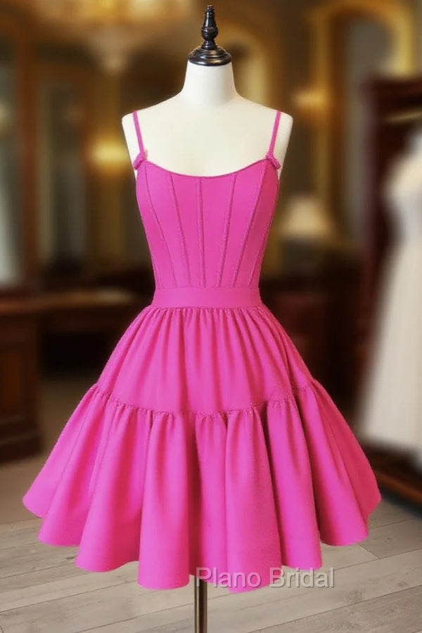 A-Line Pink Satin Short Formal Prom Dresses, Backless Cute Pink Homecoming Dresses Main image