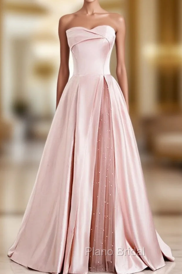 A-Line Pink Satin Strapless Pleats Long Formal Prom Dresses