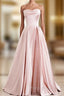 A-Line Pink Satin Strapless Pleats Long Formal Prom Dresses
