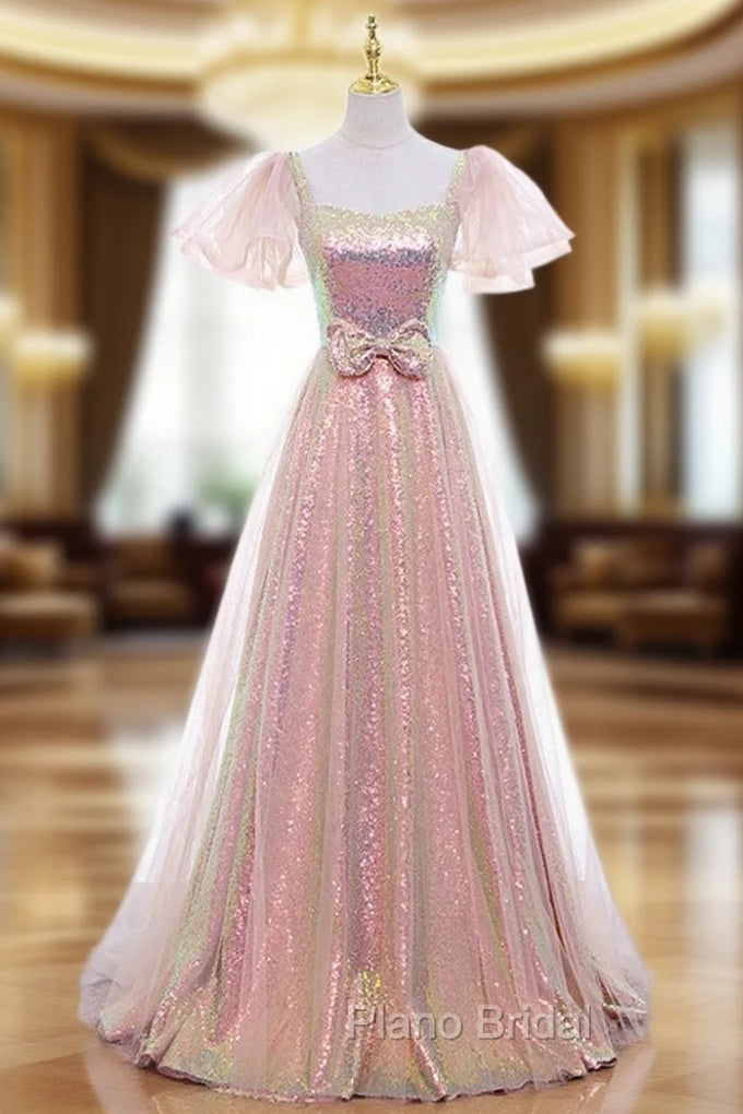 A-line Pink Sequins Puff Sleeve Formal Prom Dresses Main image
