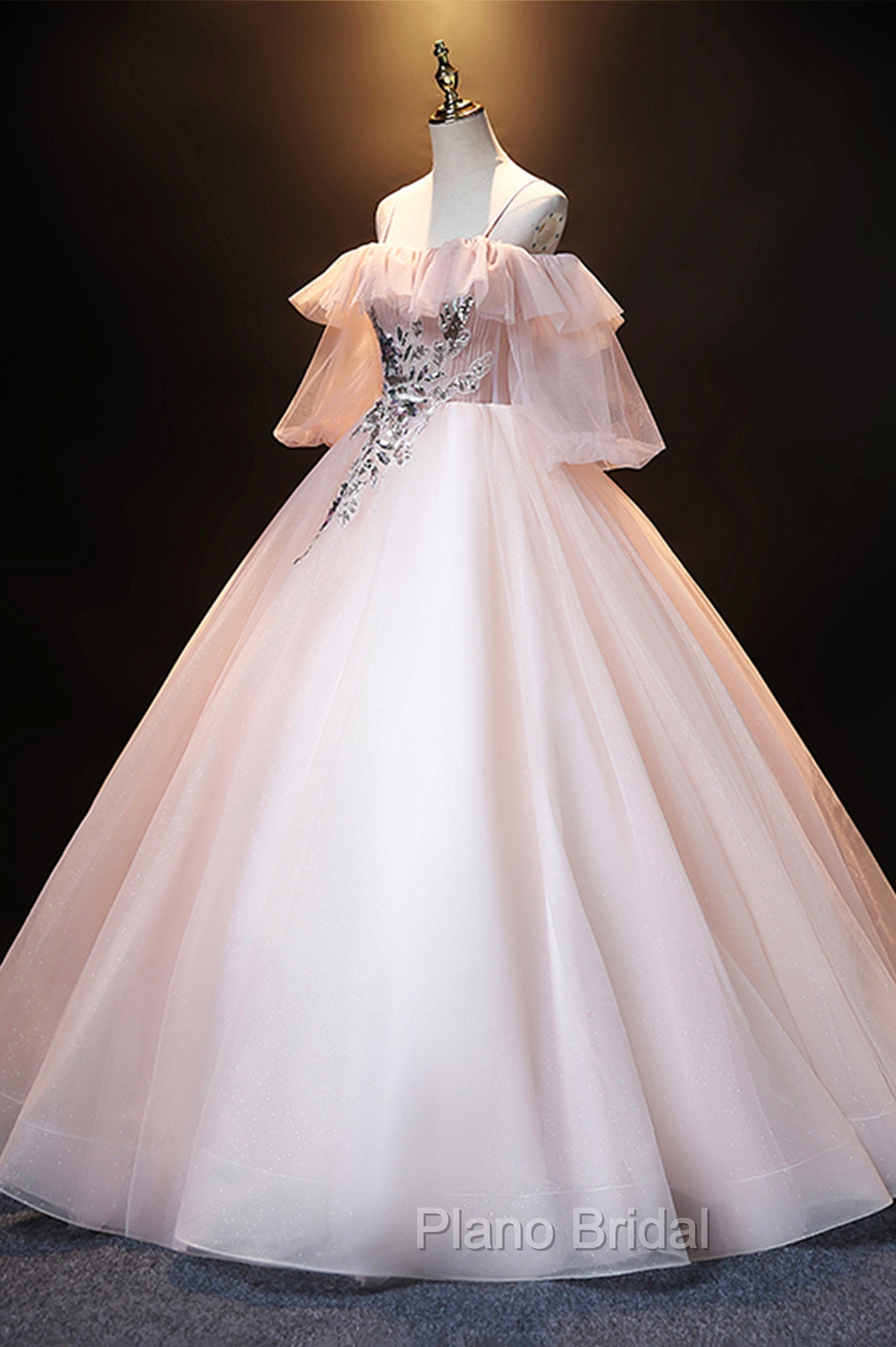 A-Line Pink Spaghetti Straps Long Formal Prom Dresses, Pink Lace Formal Evening Dresses