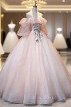 A-Line Pink Spaghetti Straps Long Formal Prom Dresses, Pink Lace Formal Evening Dresses