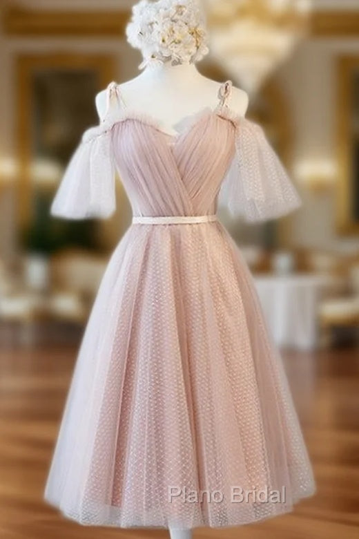 A-Line Pink Straps Tulle Bridesmaid Dresses