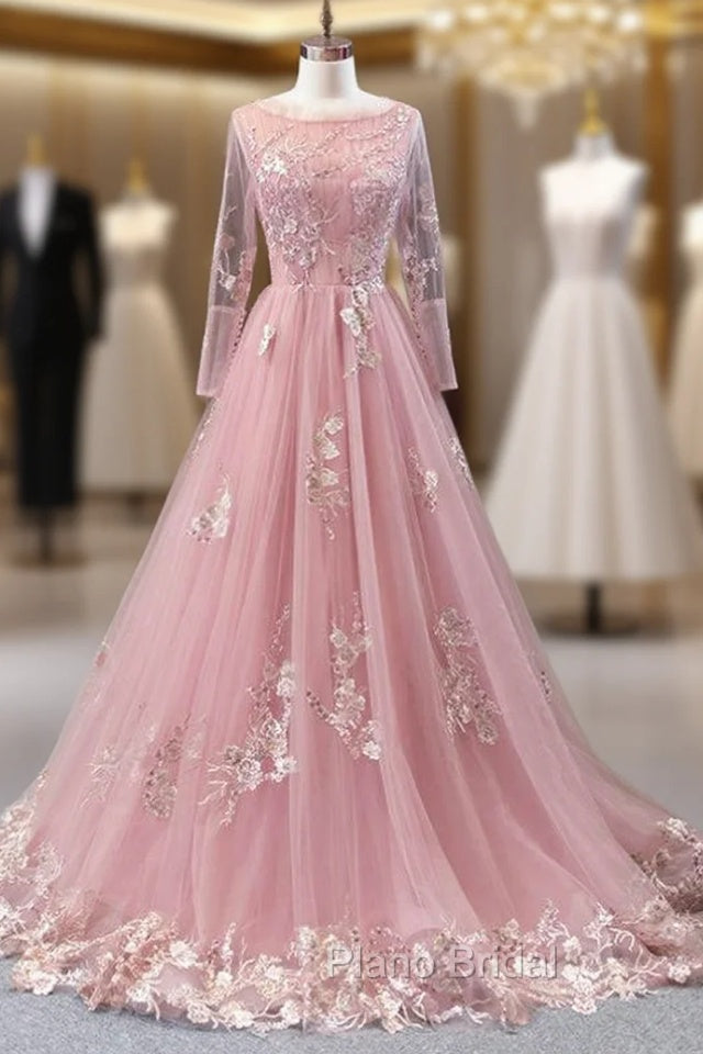 A-Line Pink Tulle Appliques Sequins Long Sleeve Formal Prom Dresses Main image