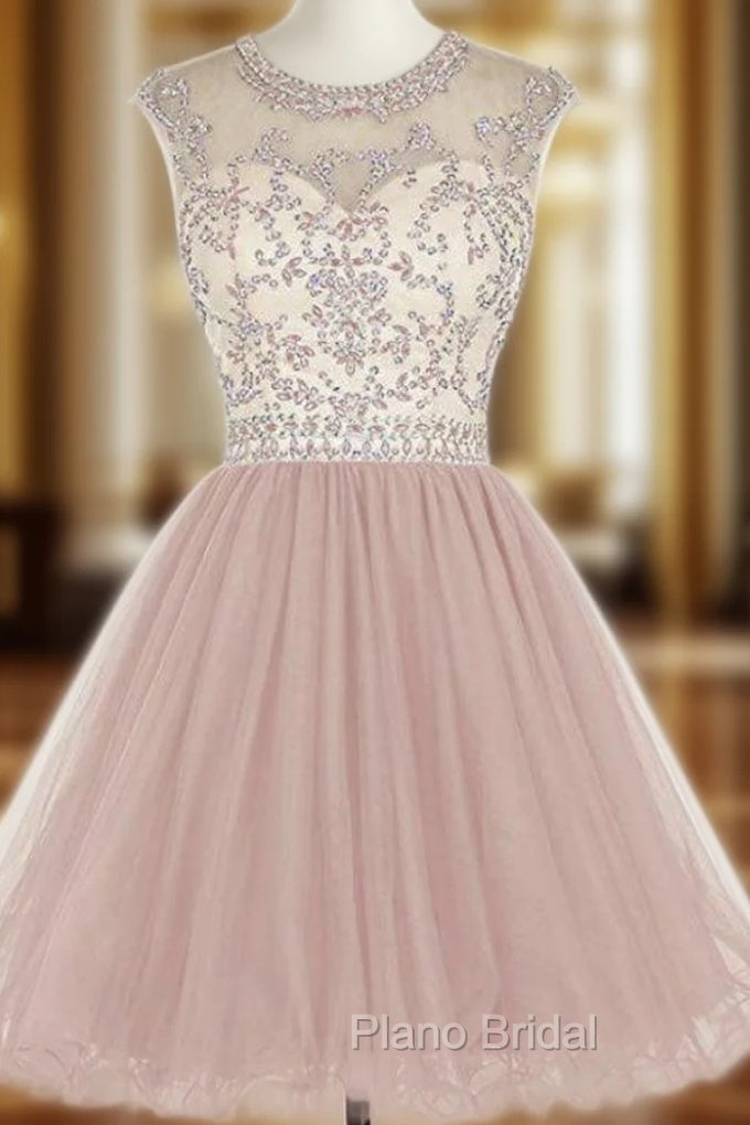 A-Line Pink Tulle Cap Sleeve Beading Sequins Homecoming Dresses Main image