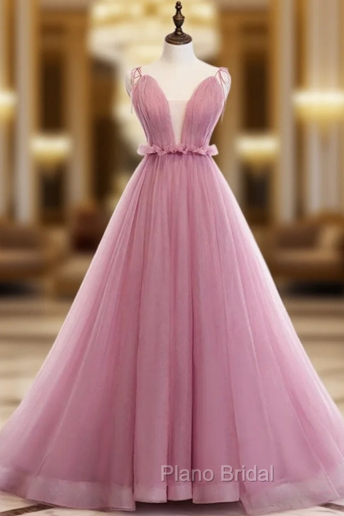 A-Line Pink Tulle Deep V-neck Backless Long Formal Prom Dresses