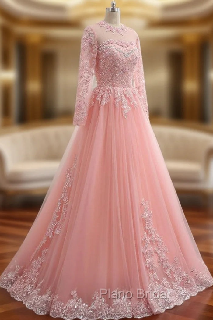 A-Line Pink Tulle Lace Appliques Long Sleeve Formal Prom Dresses