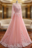 A-Line Pink Tulle Lace Appliques Long Sleeve Formal Prom Dresses