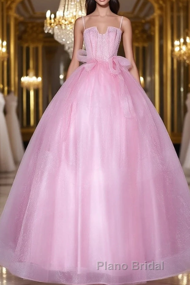 A-Line Pink Tulle Lace Long Formal Prom Dress, Pink Formal Dresses Main image