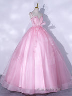 A-Line Pink Tulle Lace Long Formal Prom Dress, Pink Formal Dresses