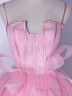 A-Line Pink Tulle Lace Long Formal Prom Dress, Pink Formal Dresses
