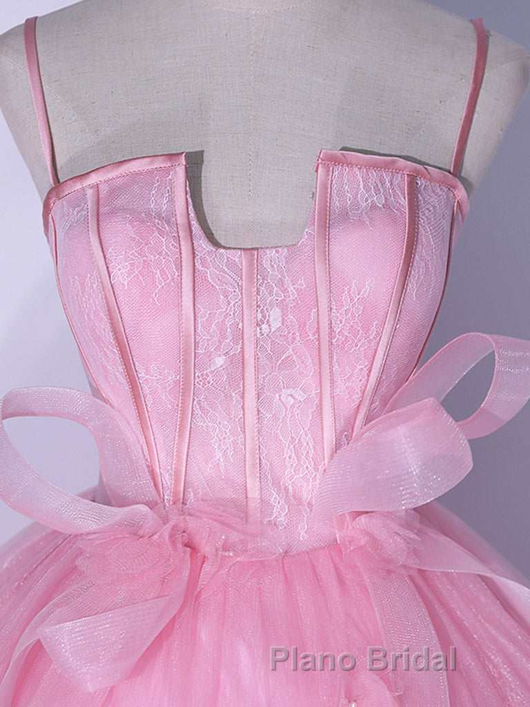 A-Line Pink Tulle Lace Long Formal Prom Dress, Pink Formal Dresses