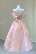 A Line Pink Tulle Lace Off The Shoulder Formal Prom Dresses, Formal Dresses