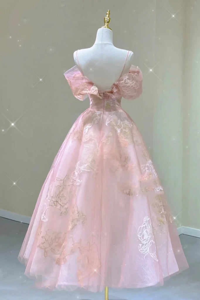 A Line Pink Tulle Lace Off The Shoulder Formal Prom Dresses, Formal Evening Dresses
