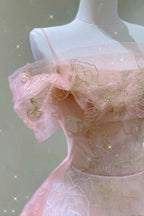 A Line Pink Tulle Lace Off The Shoulder Formal Prom Dresses, Formal Evening Dresses