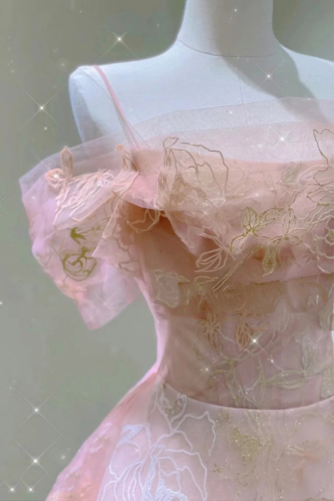 A Line Pink Tulle Lace Off The Shoulder Formal Prom Dresses, Formal Evening Dresses