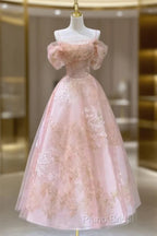 A Line Pink Tulle Lace Off The Shoulder Formal Prom Dresses, Formal Dresses