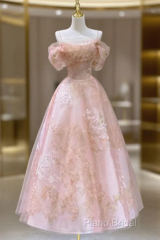 A Line Pink Tulle Lace Off The Shoulder Formal Prom Dresses, Formal Dresses