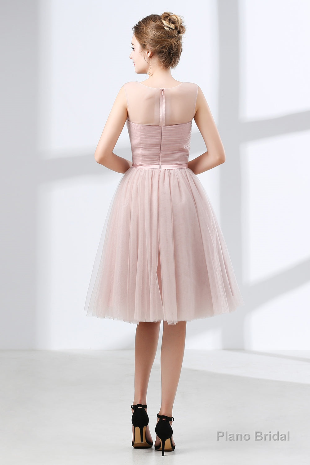 A-Line Pink Tulle Lace Pleats Knee Length Homecoming Dresses