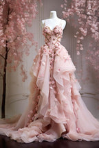 A Line Pink Tulle Long Formal Prom Dresses, Formal Evening Formal Dresses