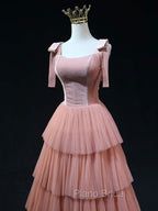 A Line Pink Tulle Long Formal Prom Dresses, Pink Formal Graduation Dresses