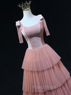 A Line Pink Tulle Long Formal Prom Dresses, Pink Formal Graduation Dresses