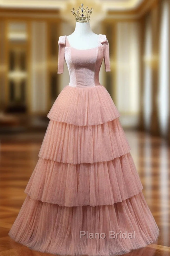 A Line Pink Tulle Long Formal Prom Dresses, Pink Formal Graduation Dresses