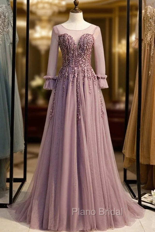 A-line Pink Tulle Long Sleeve Backless Beading Formal Prom Dresses
