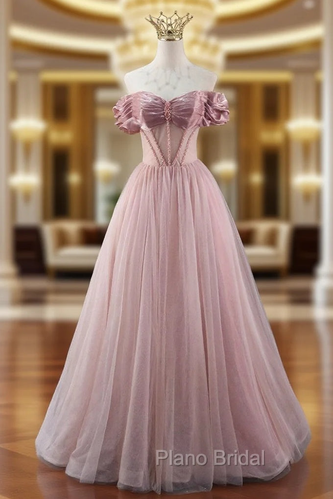 A-line Pink Tulle Off the Shoulder Beading Pleats Formal Prom Dresses Main image
