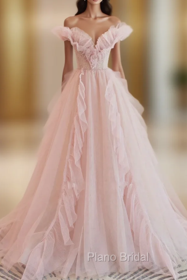 A-line Pink Tulle Off the Shoulder Formal Prom Dresses