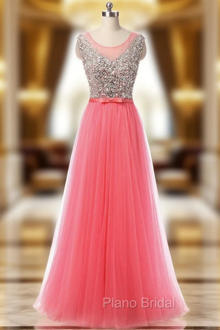 A-Line Pink Tulle Formal Prom Dresses