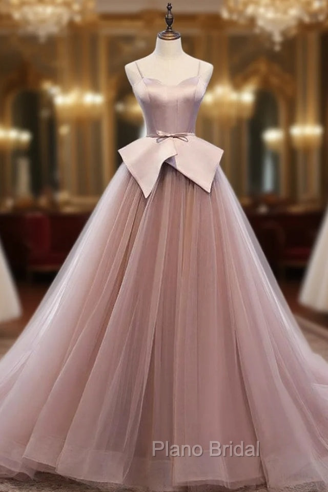 A-Line Pink Tulle Satin Spagehtti Straps Formal Prom Dresses