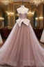 A-Line Pink Tulle Satin Spagehtti Straps Formal Prom Dresses