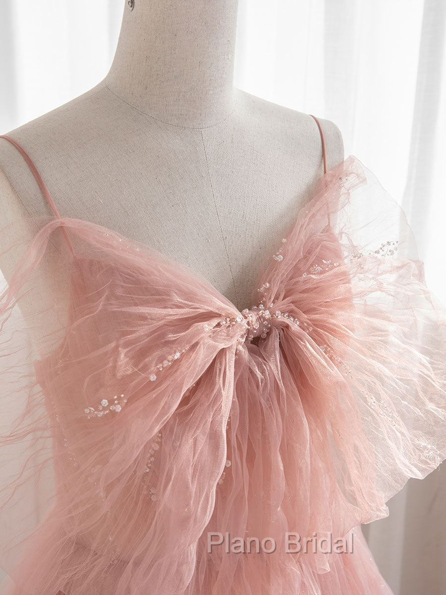 A-Line Pink Tulle Sequin Long Formal Prom Dresses, Pink Formal Evening Dresses Secondary image