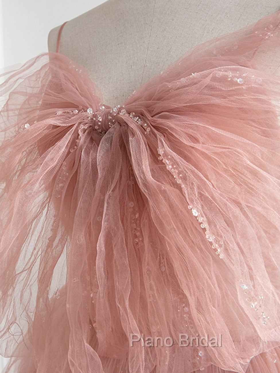 A-Line Pink Tulle Sequin Long Formal Prom Dresses, Pink Formal Evening Dresses