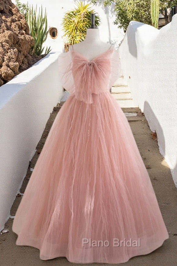 A-Line Pink Tulle Sequin Long Formal Prom Dresses, Pink Formal Evening Dresses Main image