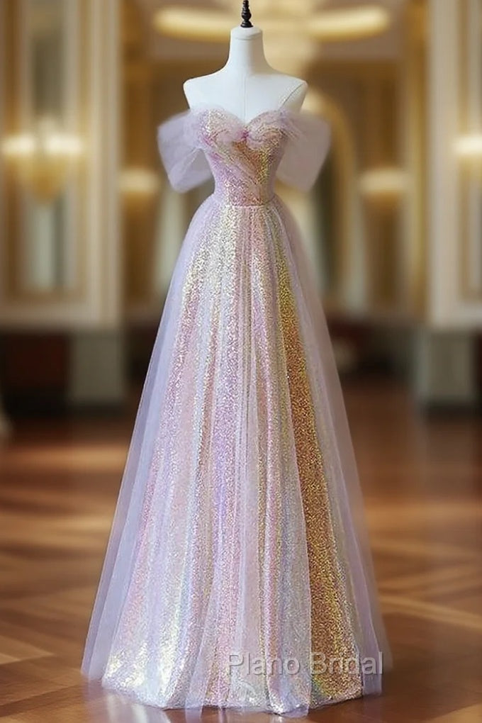A-Line Pink Tulle Sequins Off the Shoulder Formal Prom Dresses Main image