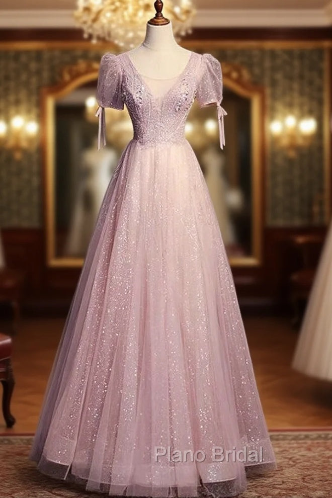 A-line Pink Tulle Sequins Short Sleeve Beading Formal Prom Dresses Main image