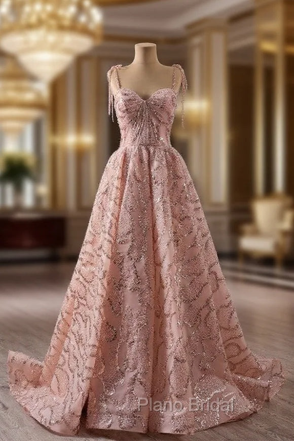 A-line Pink Tulle Sequins Spaghetti Straps Formal Prom Dresses Main image