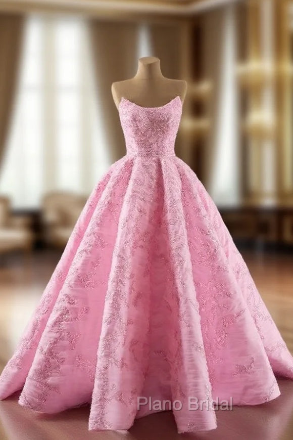 A-Line Pink Tulle Sequins Strapless Formal Prom Dresses Main image