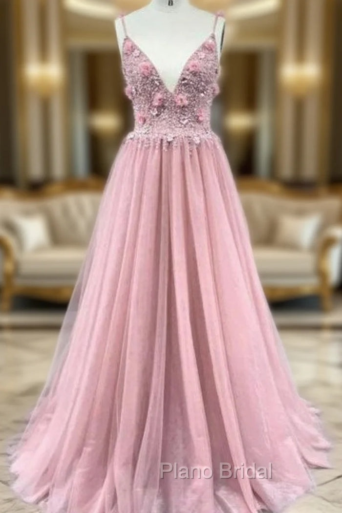 A-Line Pink Tulle Spaghetti Straps Backless Beading Formal Prom Dresses Main image