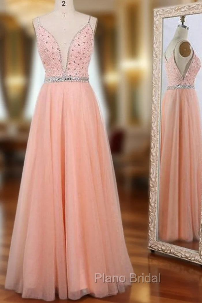 A-Line Pink Tulle Spaghetti Straps Beaded Floor Length Formal Prom Dresses Main image