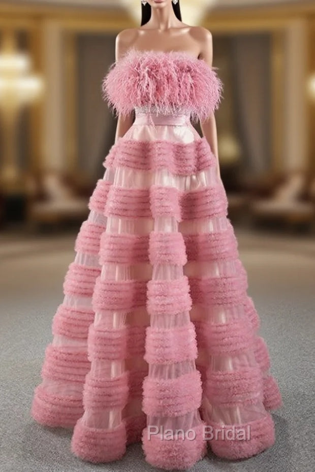 A-Line Pink Tulle Strapless Sleeveless Formal Prom Dresses With Feather Main image