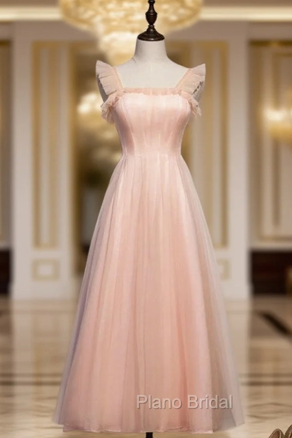 A-Line Pink Tulle Straps Ankle Length Formal Prom Dresses Main image